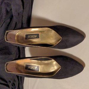 Vintage 90s Jasmin Black Gold Suede Made in Hong Kong Heels Size 7
